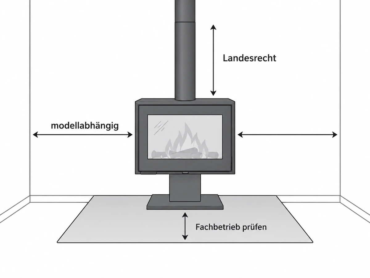 Schematische Darstellung von Sicherheitsabständen am Kaminofen